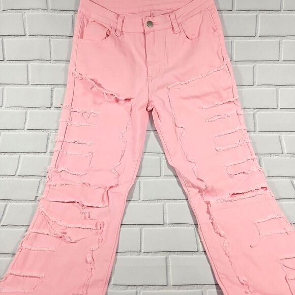 Women's Straight-leg Pants Embroidered Fashion I Stretch Patchwork Jeans Pink - Picture 2 of 12